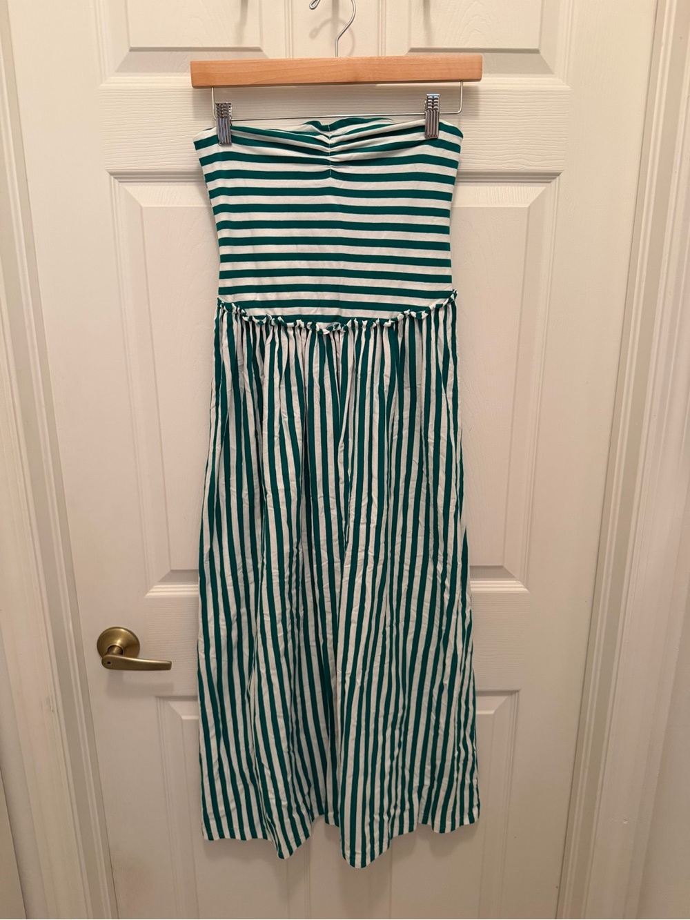 Striped Green and White Strapless Maxi Dress